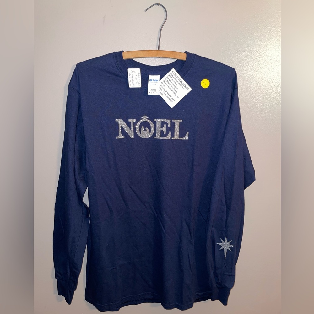 Christmas themed, navy long sleeve Guildan t-shirt with silver sparkle "JOY"